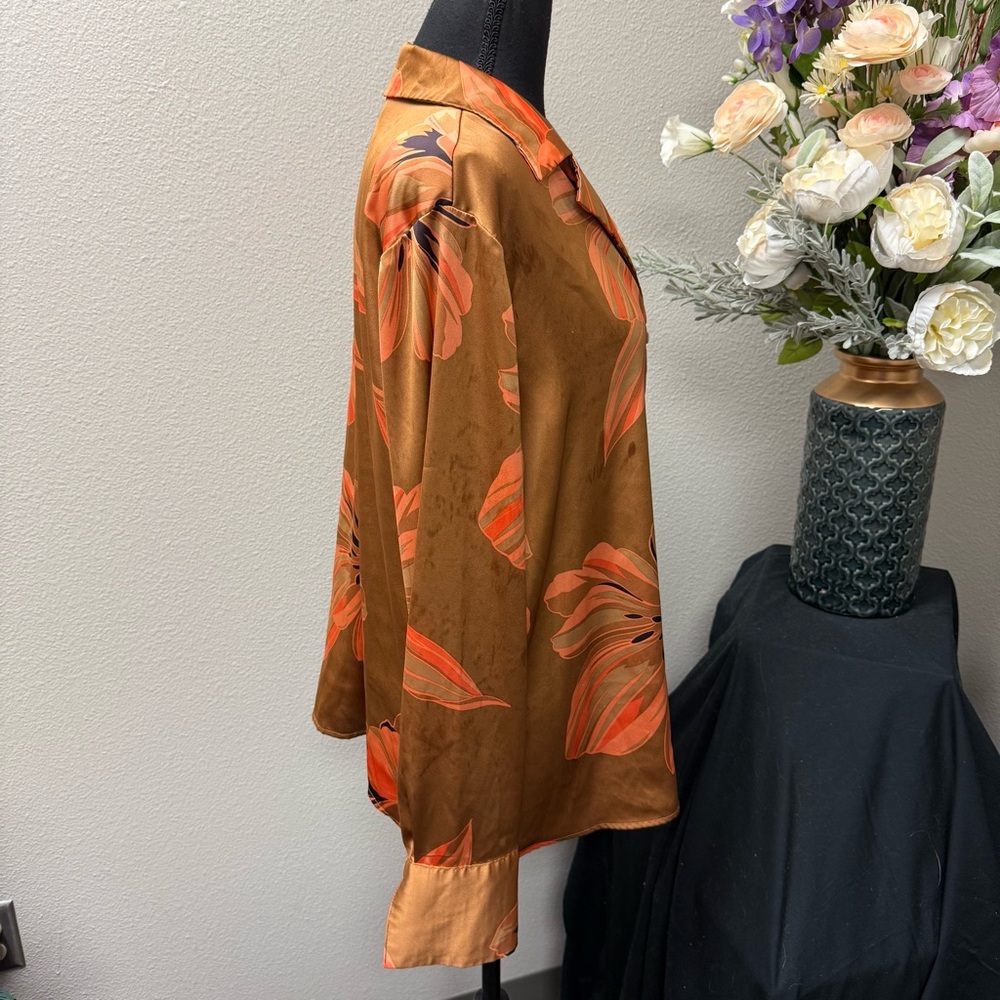 Worthington XL Satin Blouse Brown Orange Floral Button Down Long Sleeve Top - Picture 5 of 8